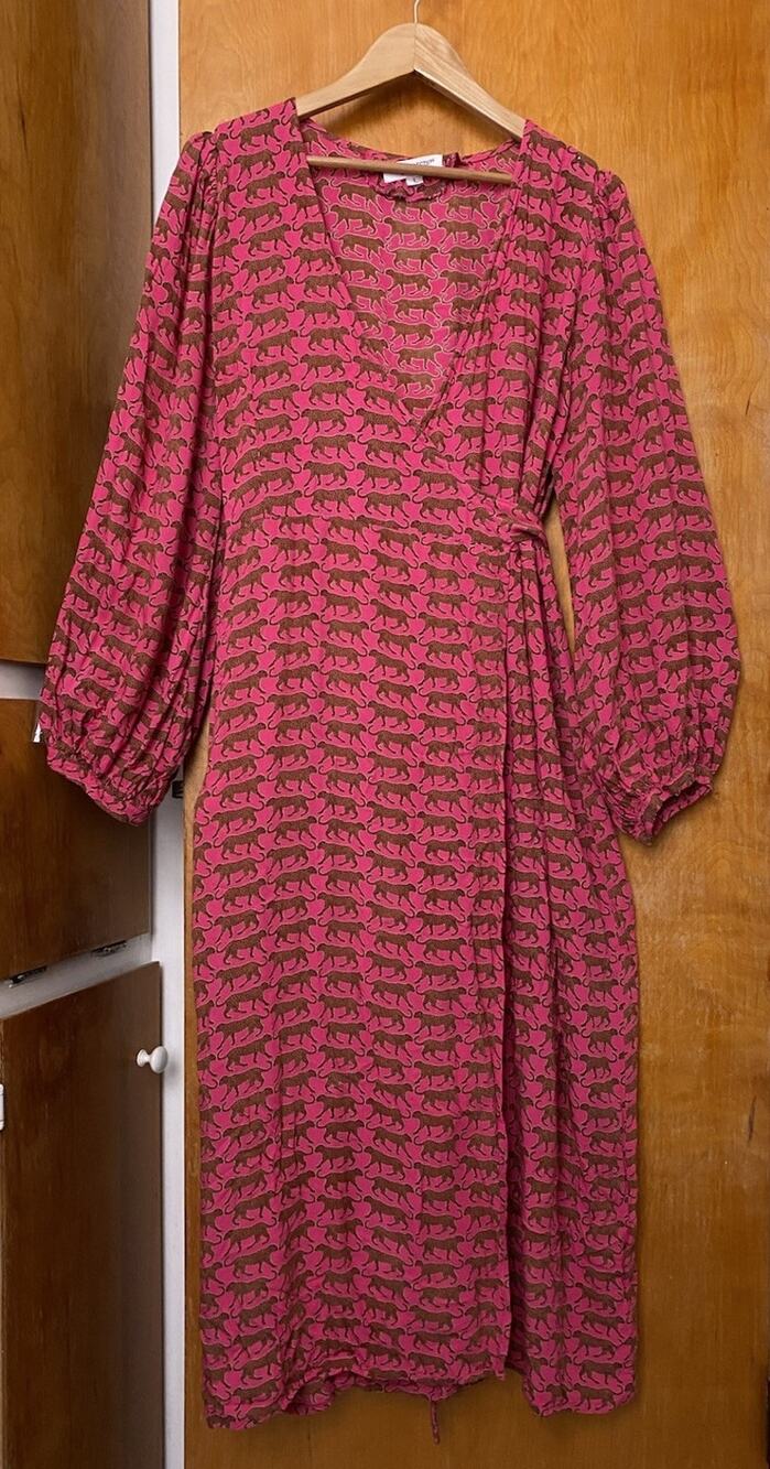 Emerson Fry Bishop Sleeve Dress Pink Walking Cheetah Sz L India Collection Boho